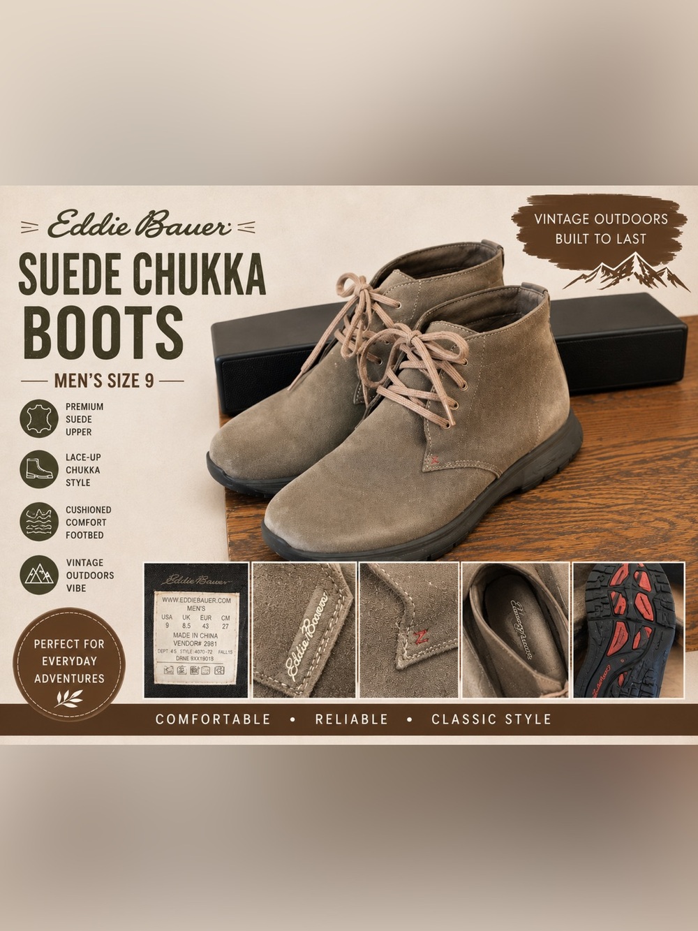 Eddie Bauer Suede Chukka Boots Men’s 9 Brown Lace Up Casual Comfort Shoes